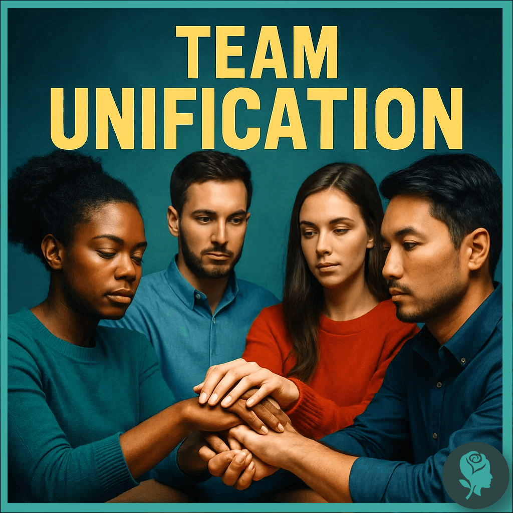 Four team members placing hands together in unity, symbolising teamwork and collaboration.