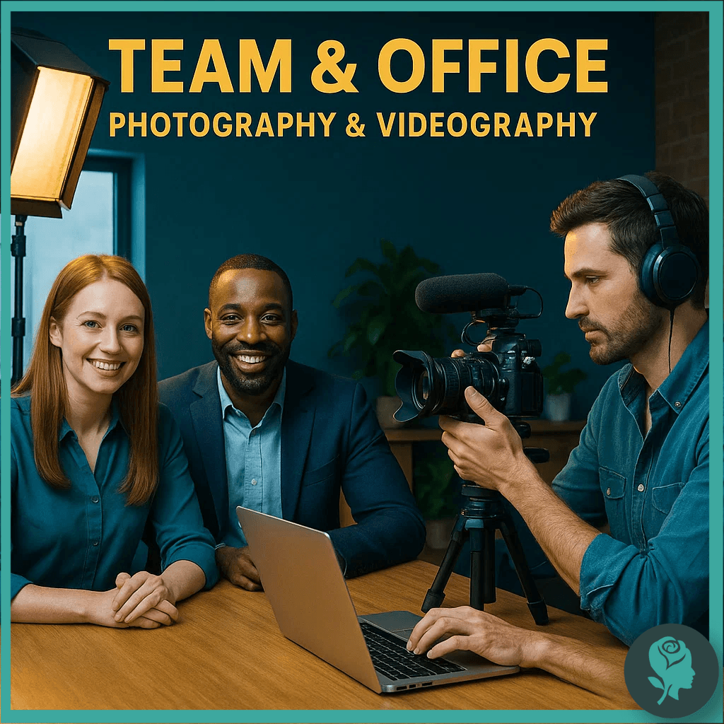Photographer filming two professionals in an office setting with lights and cameras, representing team photography and videography.