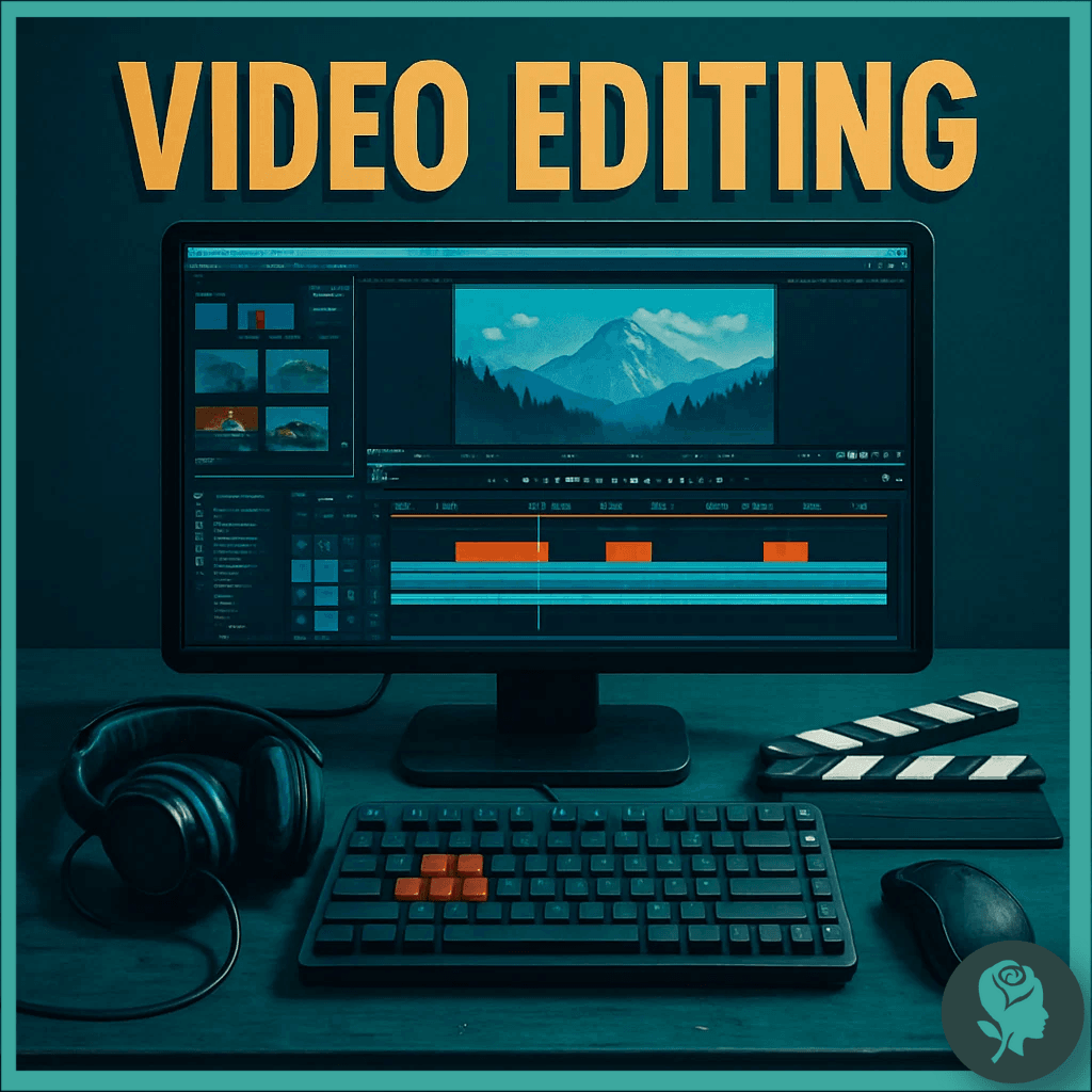 Computer monitor showing video editing software with timeline, clips, and tools, alongside headphones and clapperboard.