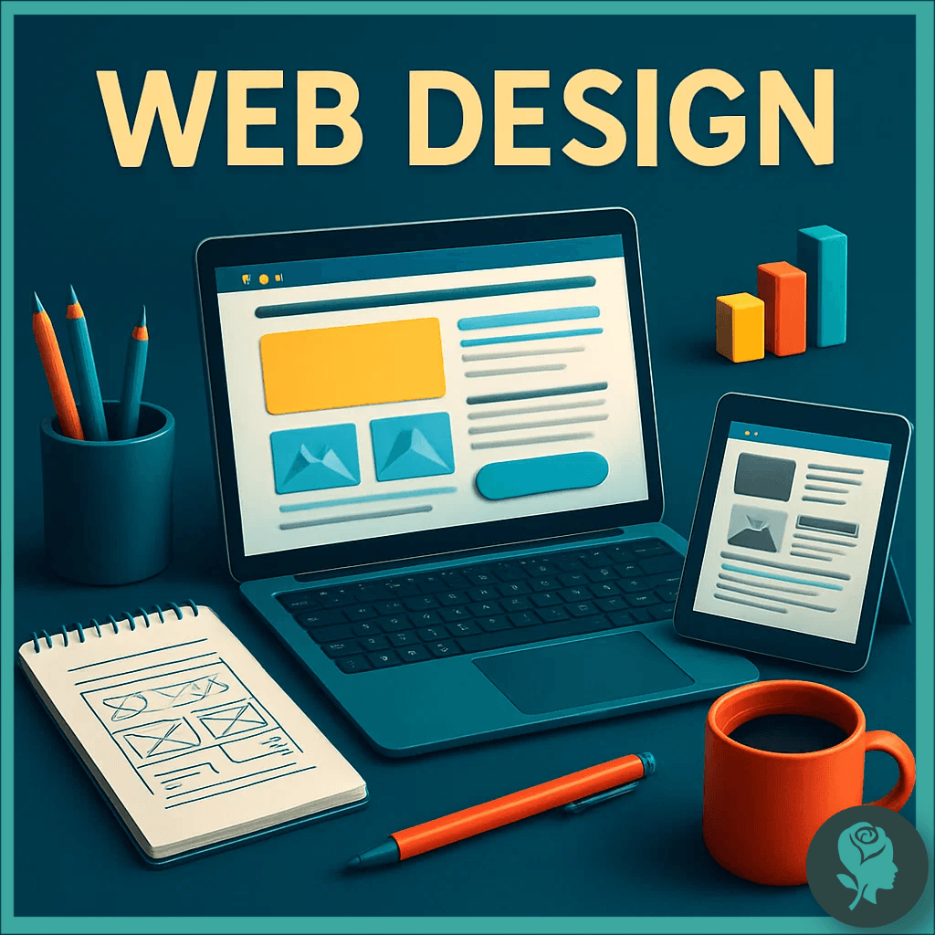 Laptop, tablet, notepad with wireframes, pencils, and a coffee mug showing website mock-ups, representing web design services.