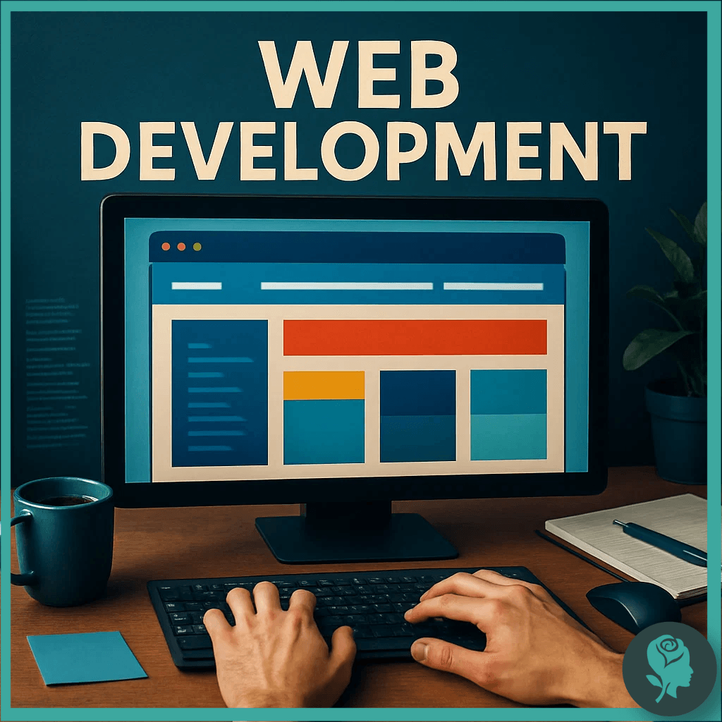 Hands typing on a keyboard in front of a computer screen displaying a colourful website layout, symbolising web development services.