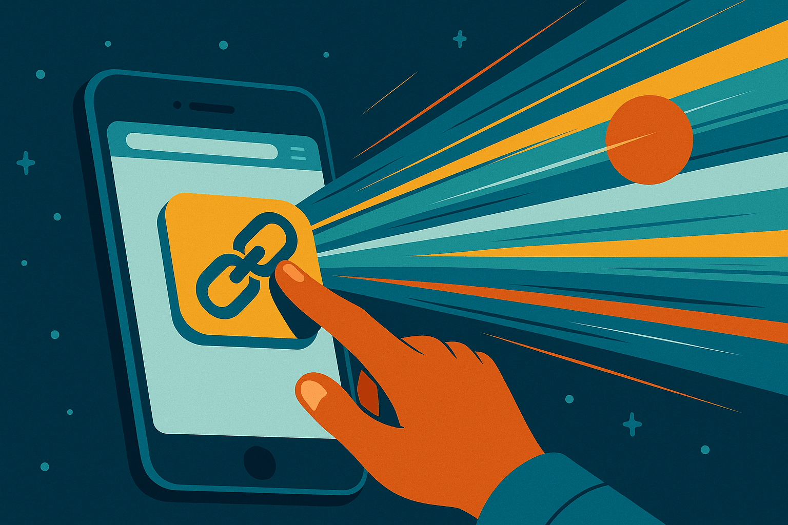 Illustration of a hand tapping a chain link icon on a smartphone screen, symbolising digital connectivity and fast information transfer.