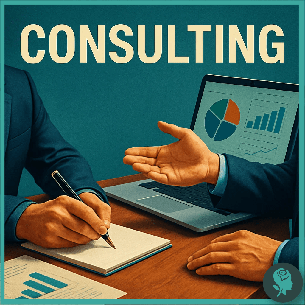 Two business professionals in discussion with charts and graphs on a laptop, representing digital consulting services.