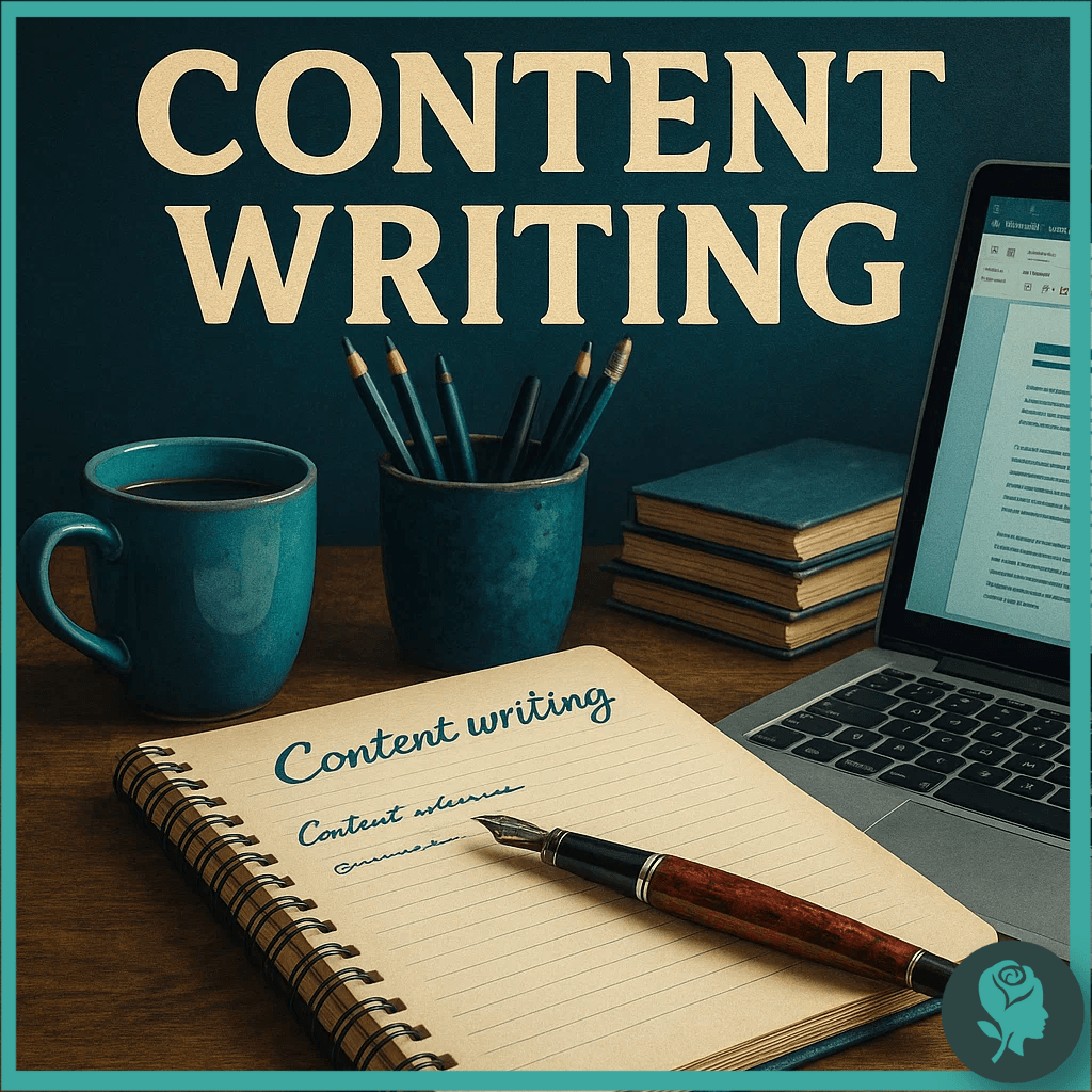 Notebook titled “Content Writing” with a fountain pen, coffee mug, and laptop screen displaying text, symbolising copywriting services.