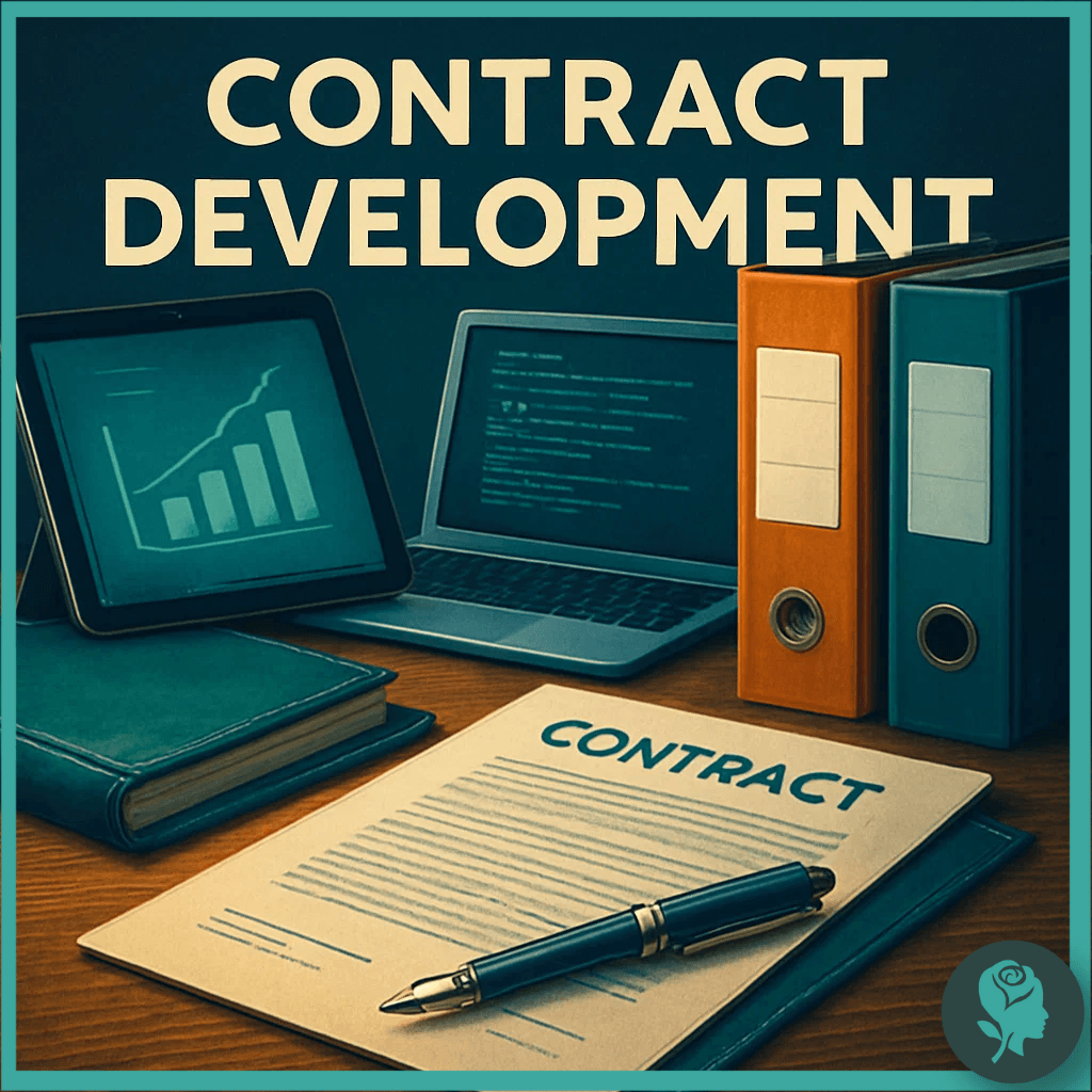 Contract document with pen on a desk alongside laptops and data charts, representing flexible contract development services.