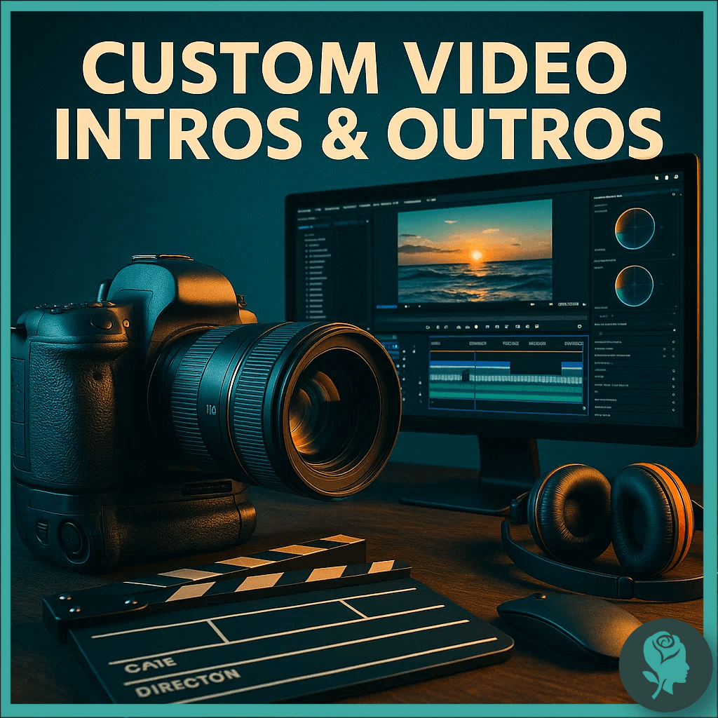 DSLR camera, clapperboard, and editing software on a computer screen with a sunset, representing video intro and outro creation.