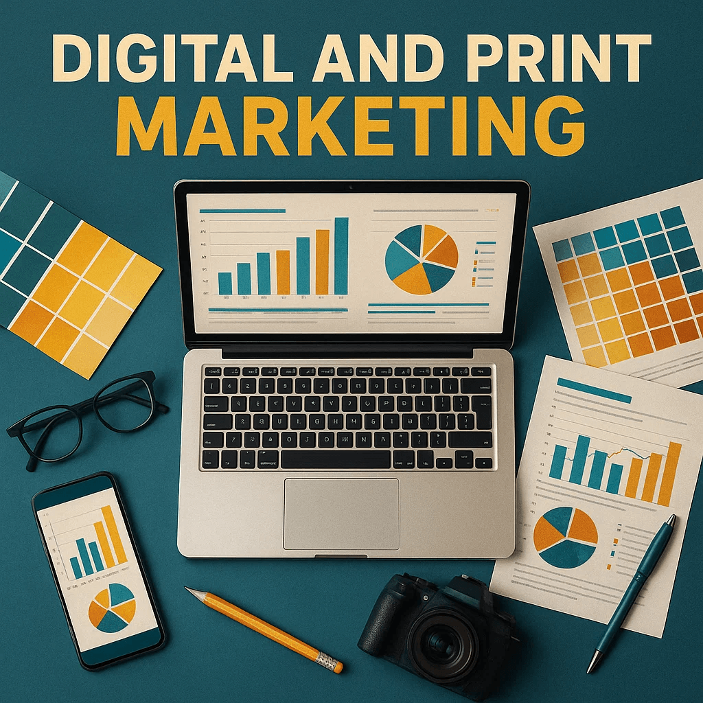 Laptop, smartphone, and printed reports with colourful charts, representing digital and print marketing campaigns.