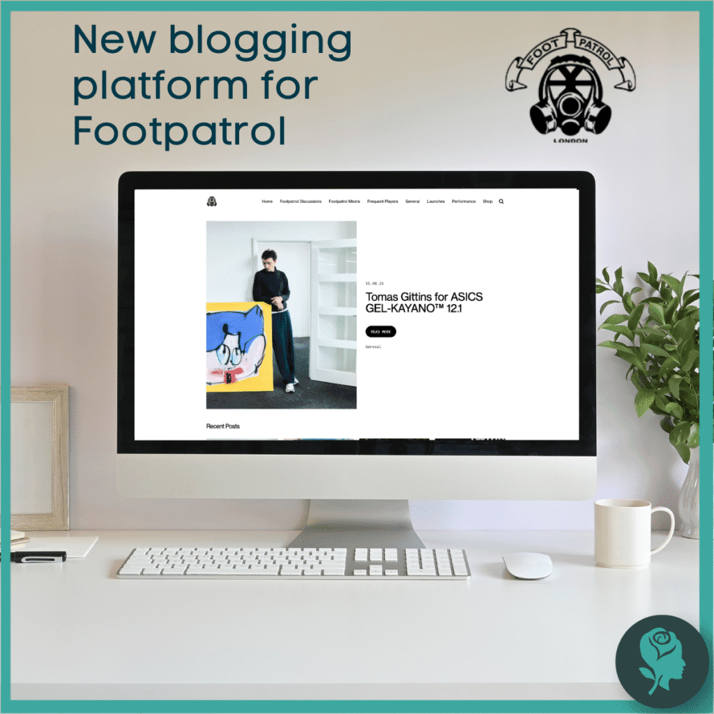 Desktop computer showing the new Footpatrol blogging platform with a clean, modern layout and featured article.