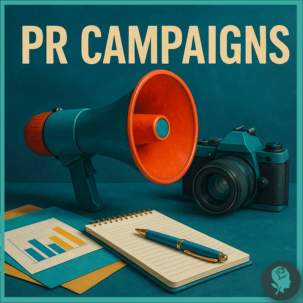Megaphone, notebook, and camera on a desk with bar charts, symbolising PR and media campaigns.