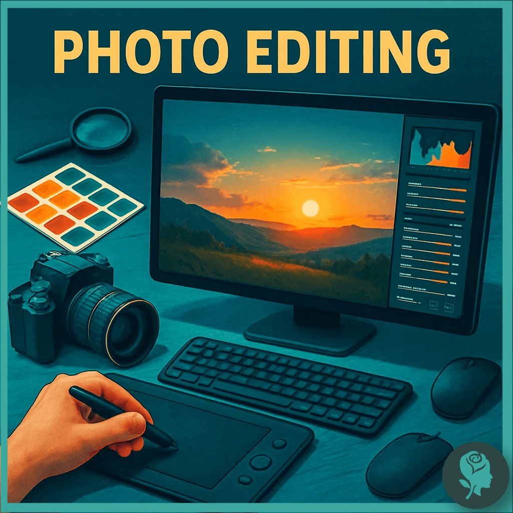Photo editing setup with computer monitor showing landscape, drawing tablet, and DSLR camera, representing photo retouching services.