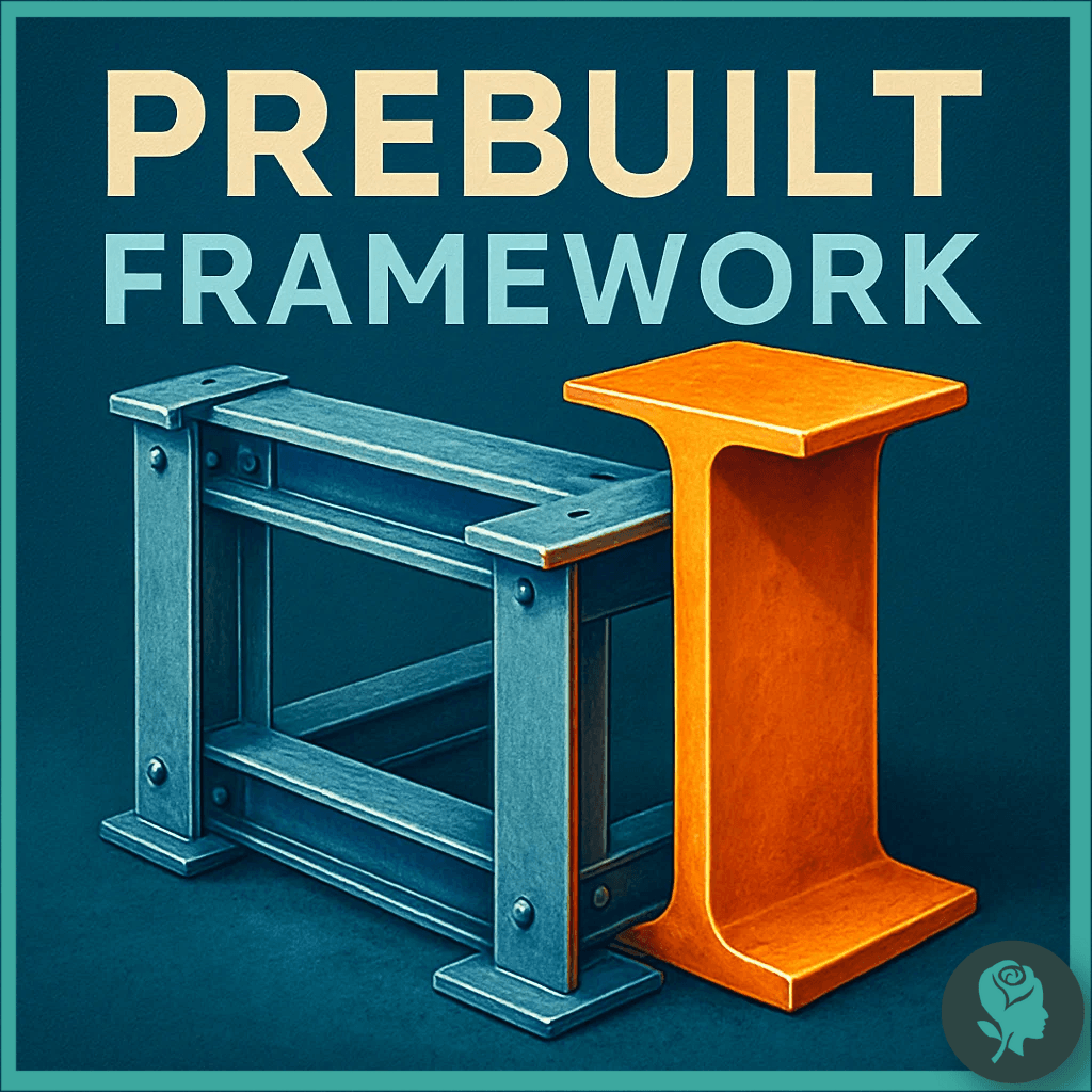 Illustration of strong steel frameworks with the words “Prebuilt Framework”, symbolising ready-made website templates.