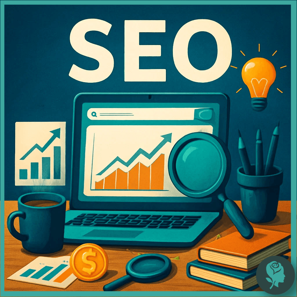 Laptop screen showing rising search engine graphs, magnifying glass, and coins, representing SEO optimisation.