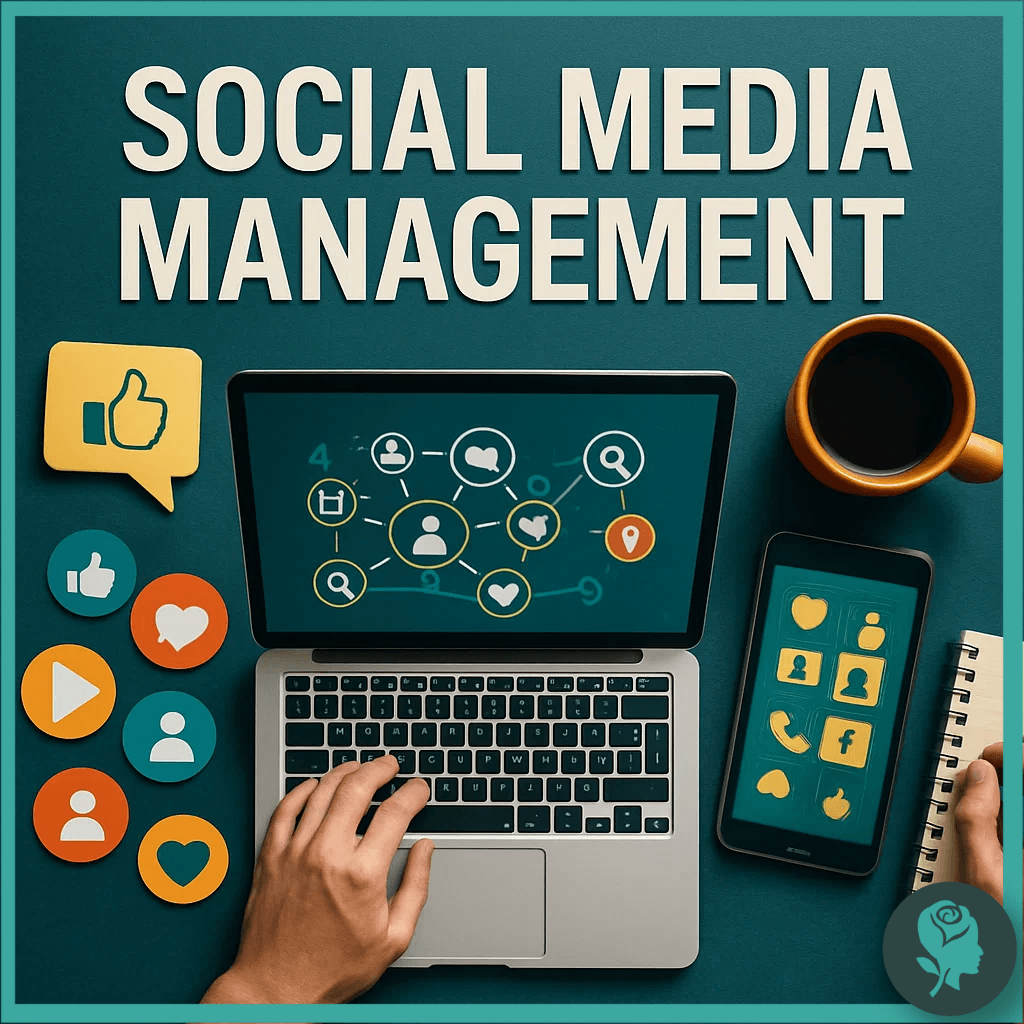 Laptop and smartphone with social media icons including likes, comments, and followers, symbolising social media management.