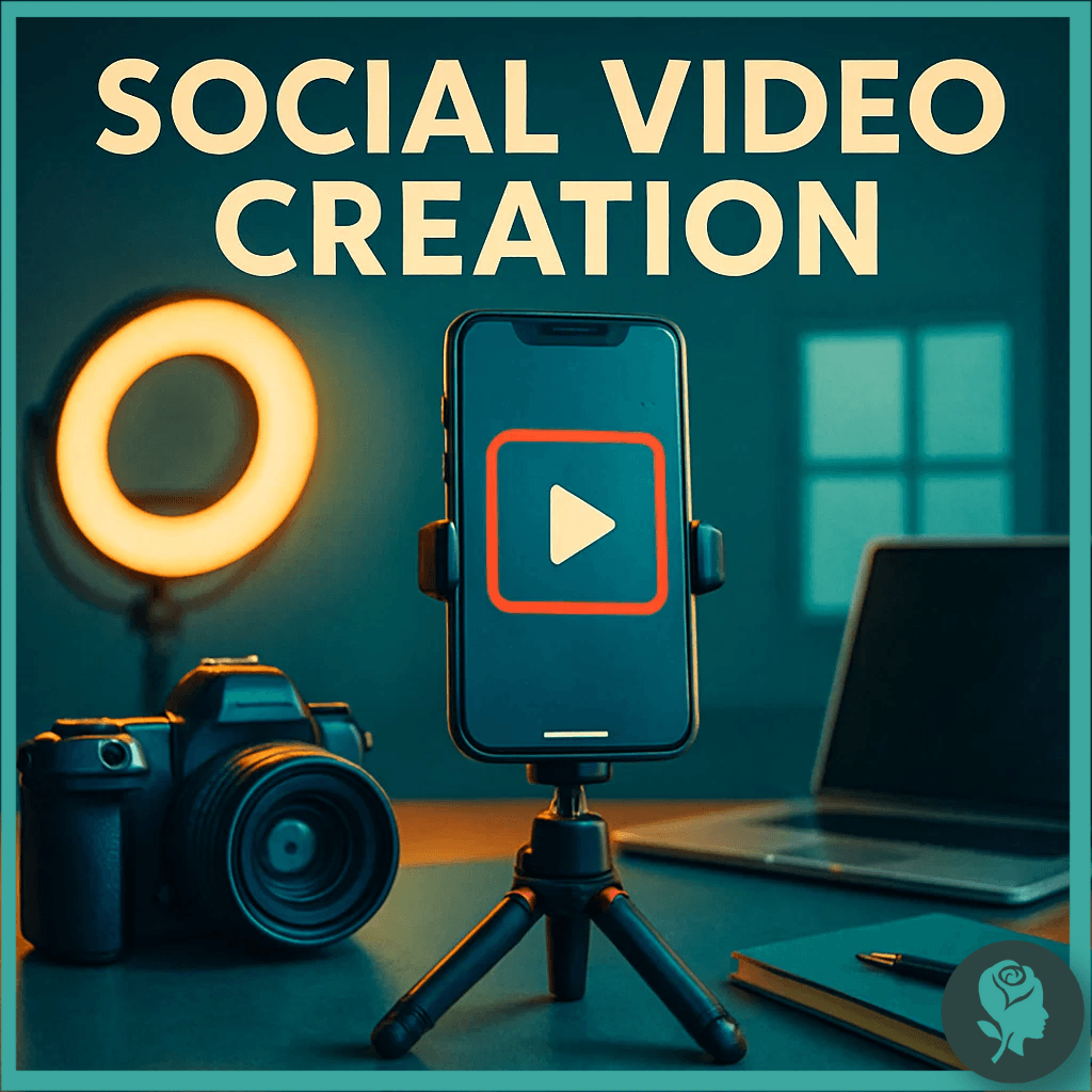 Smartphone on tripod with play button displayed, surrounded by camera, laptop, and ring light, representing video creation for social platforms.