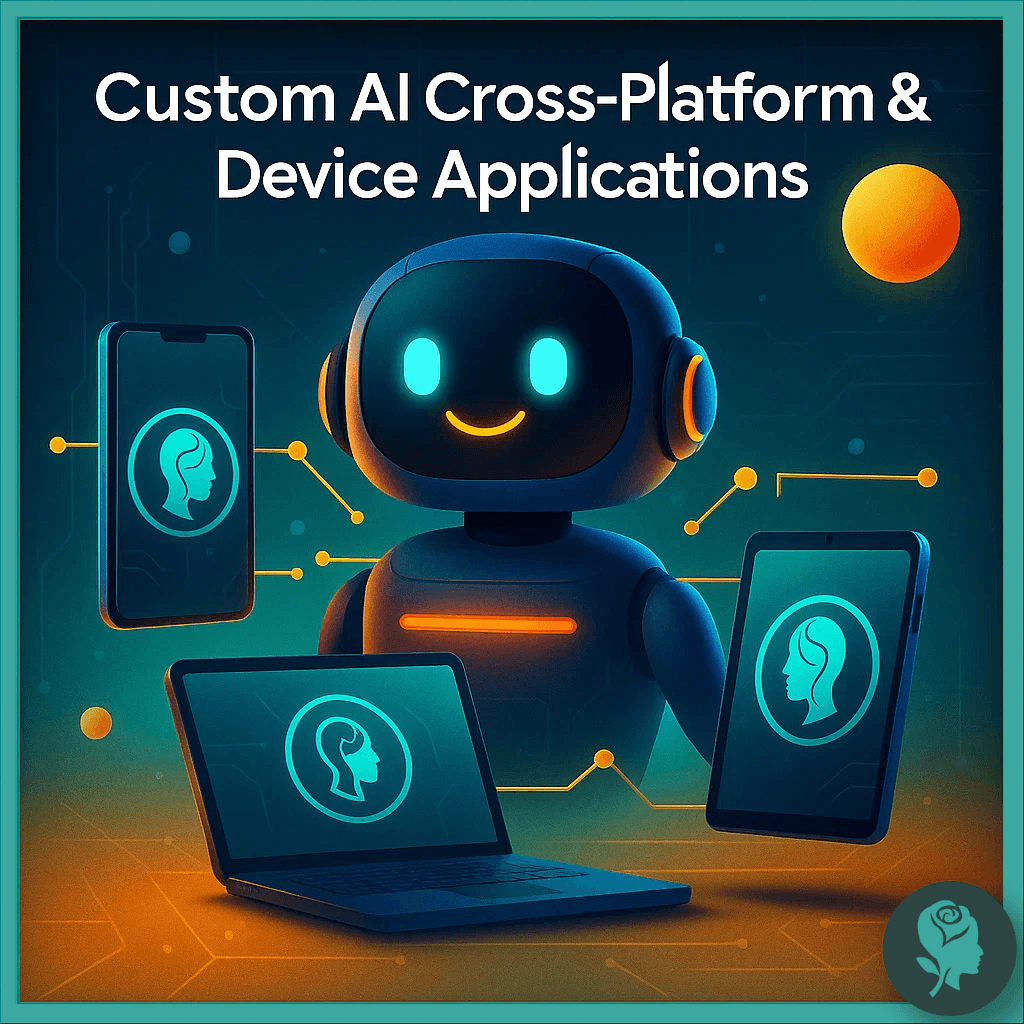 Friendly robot with connected devices including a laptop, tablet, and smartphone, representing AI-powered cross-platform apps.