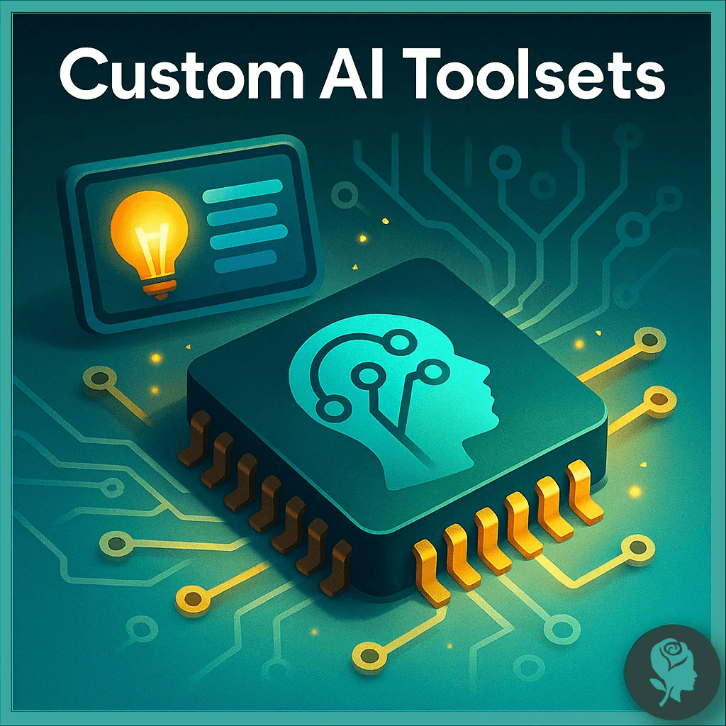 Microchip with a human head icon and glowing circuit lines, representing custom artificial intelligence tool development.