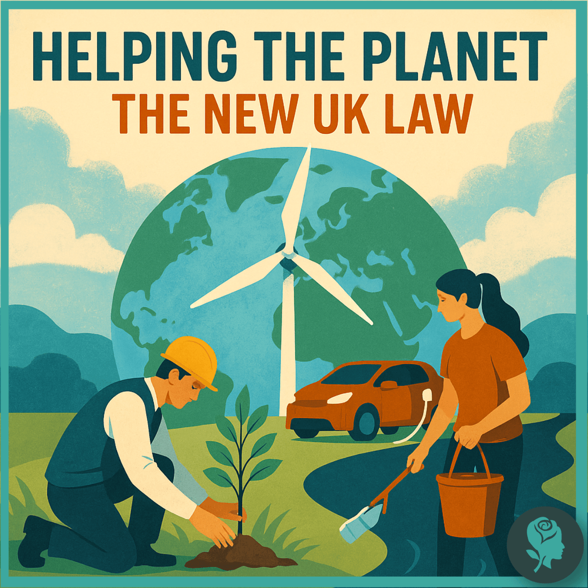 Illustration of people planting a tree and collecting litter in front of a wind turbine and electric car, with the Earth in the background, symbolising the UK law requiring companies to dedicate 10% of project time to the environment.