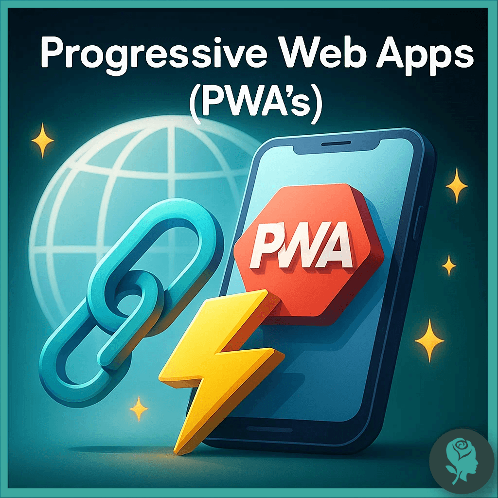 Smartphone with “PWA” badge, lightning bolt, and globe icon, representing Progressive Web Apps.